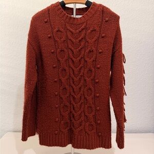 ✨ ZARA Rust Cable Knit Sweater with Fringe Sleeves – Boho Cozy Statement ✨